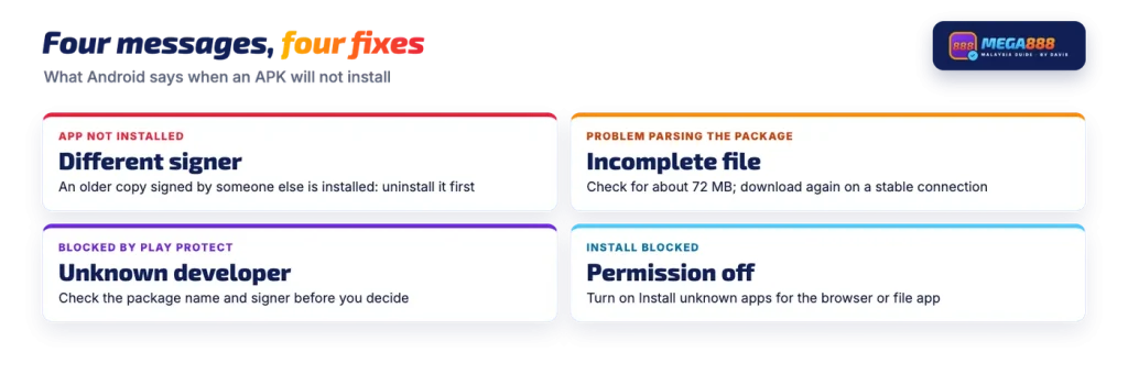 Mega888 APK install errors: app not installed, problem parsing the package, Play Protect and install blocked