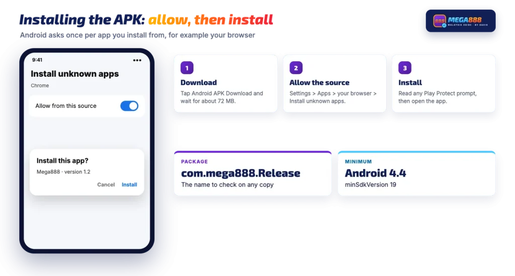Mega888 APK install on Android: allow unknown apps for the browser, then install version 1.2