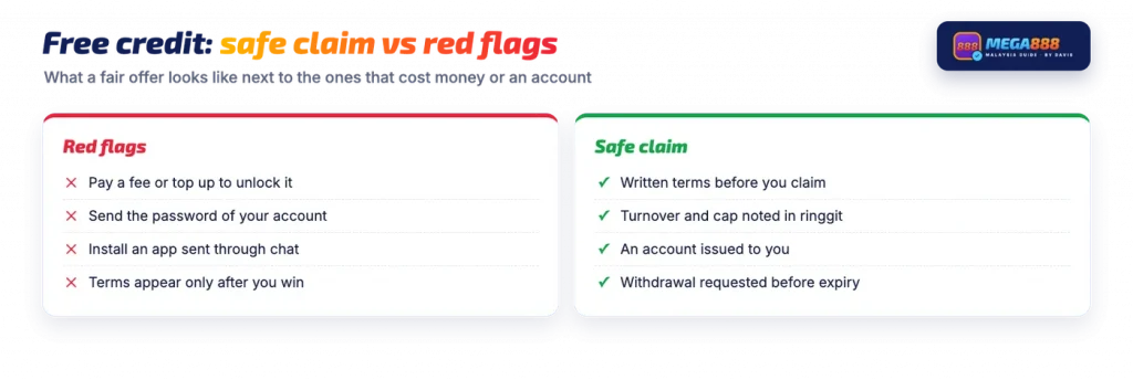 Free credit Mega888 no deposit offers: safe claim steps compared with red flags