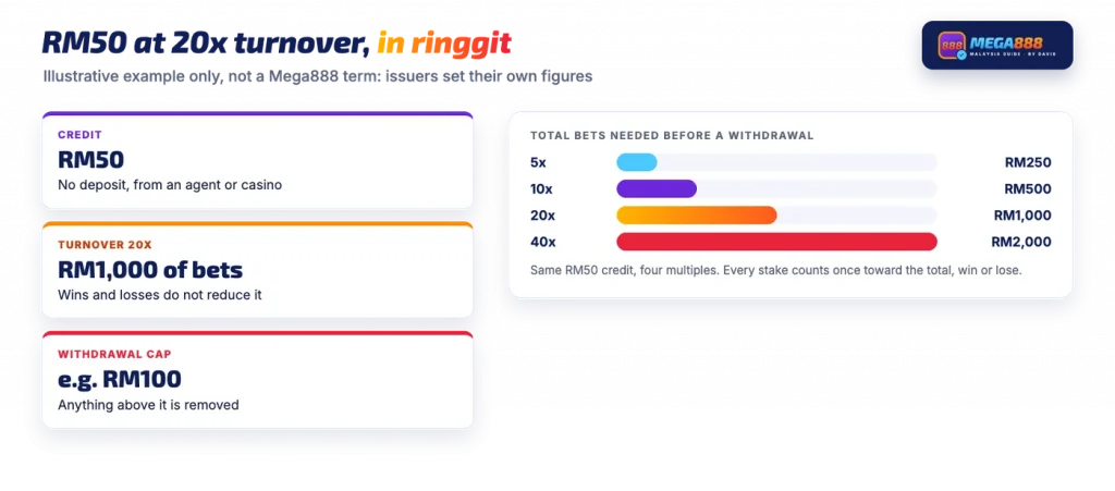 Mega888 free credit RM50 with 20x turnover as an illustrative example: RM1,000 of total bets and a withdrawal cap