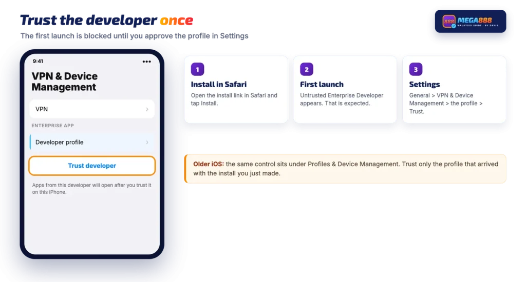 Mega888 iPhone install: trust the developer under Settings, General, VPN and Device Management