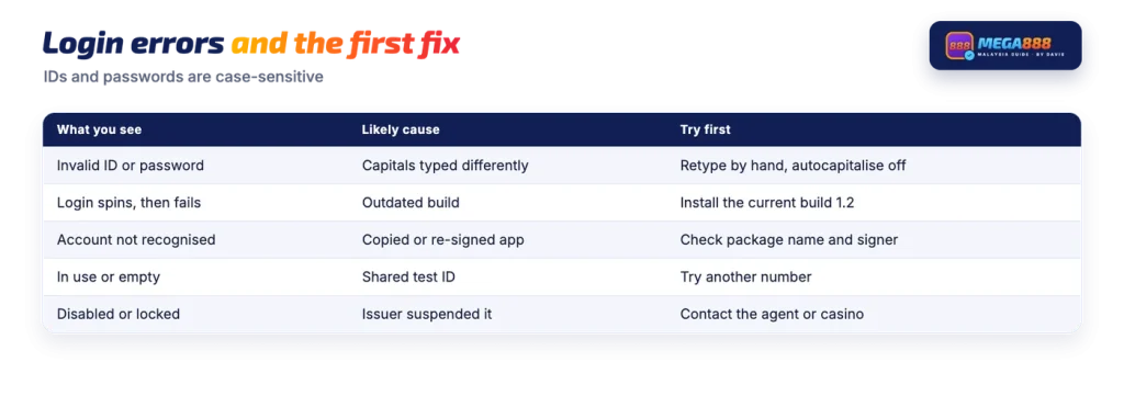 Mega888 login errors: invalid ID, outdated build, copied app, shared test ID and locked account