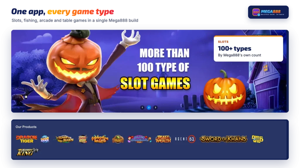 Mega888 games lobby banner and product strip: slots, fishing, arcade and table games